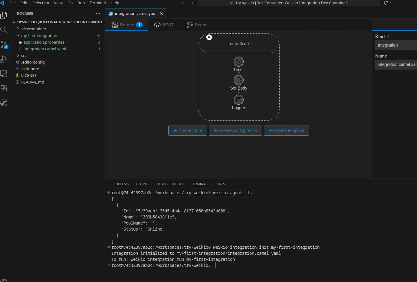 Karavan editor showing the integration