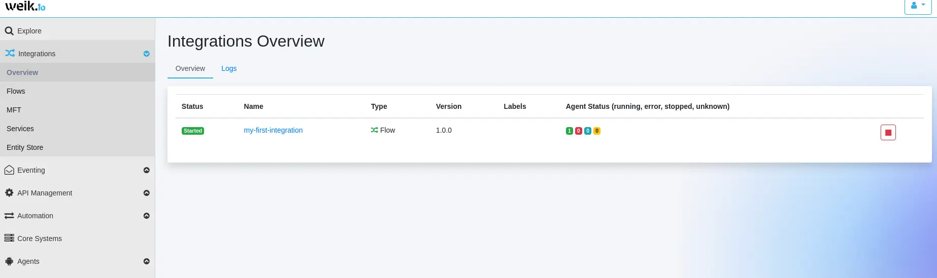 Weik.io UI showing the integration